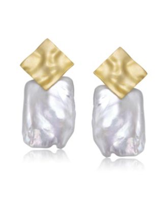 Sterling Silver 14K Gold Plated with Genuine Freshwater Pearl Drop Square Earrings