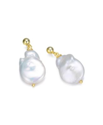 Elegant Sterling Silver 14K Gold Plating and Genuine Freshwater Pearl Dangling Earrings