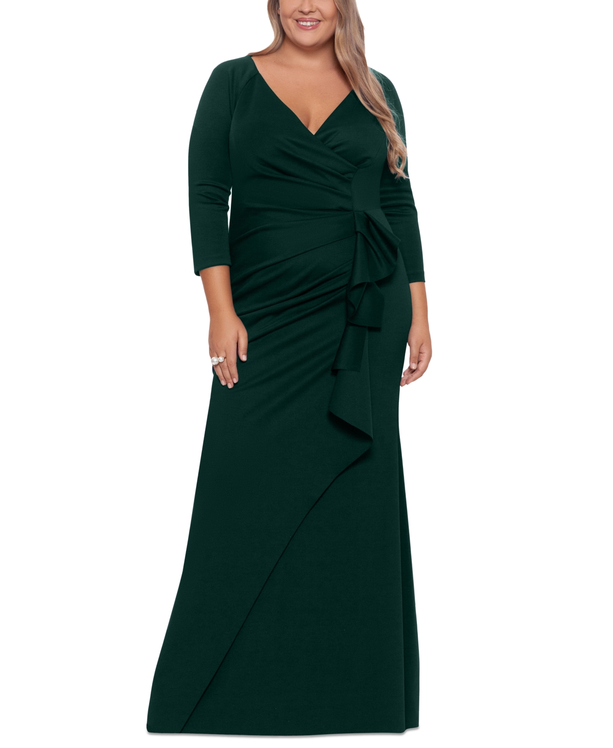 Xscape Plus Size Side-ruffle Ruched Gown In Hunter