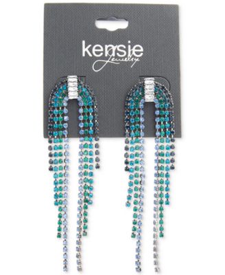 Silver-Tone Multicolor Rhinestone Chain Fringe U-Shape Chandelier Earrings