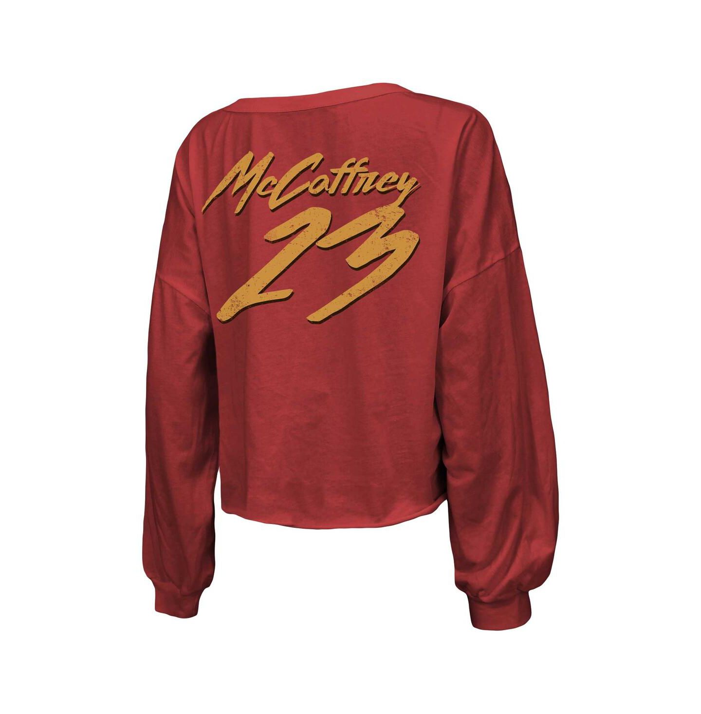 Женская футболка Majestic Threads Christian McCaffrey Scarlet San Francisco 49ers Name and Number Off-Shoulder Script Cropped Long Sleeve V-Neck — фото 3