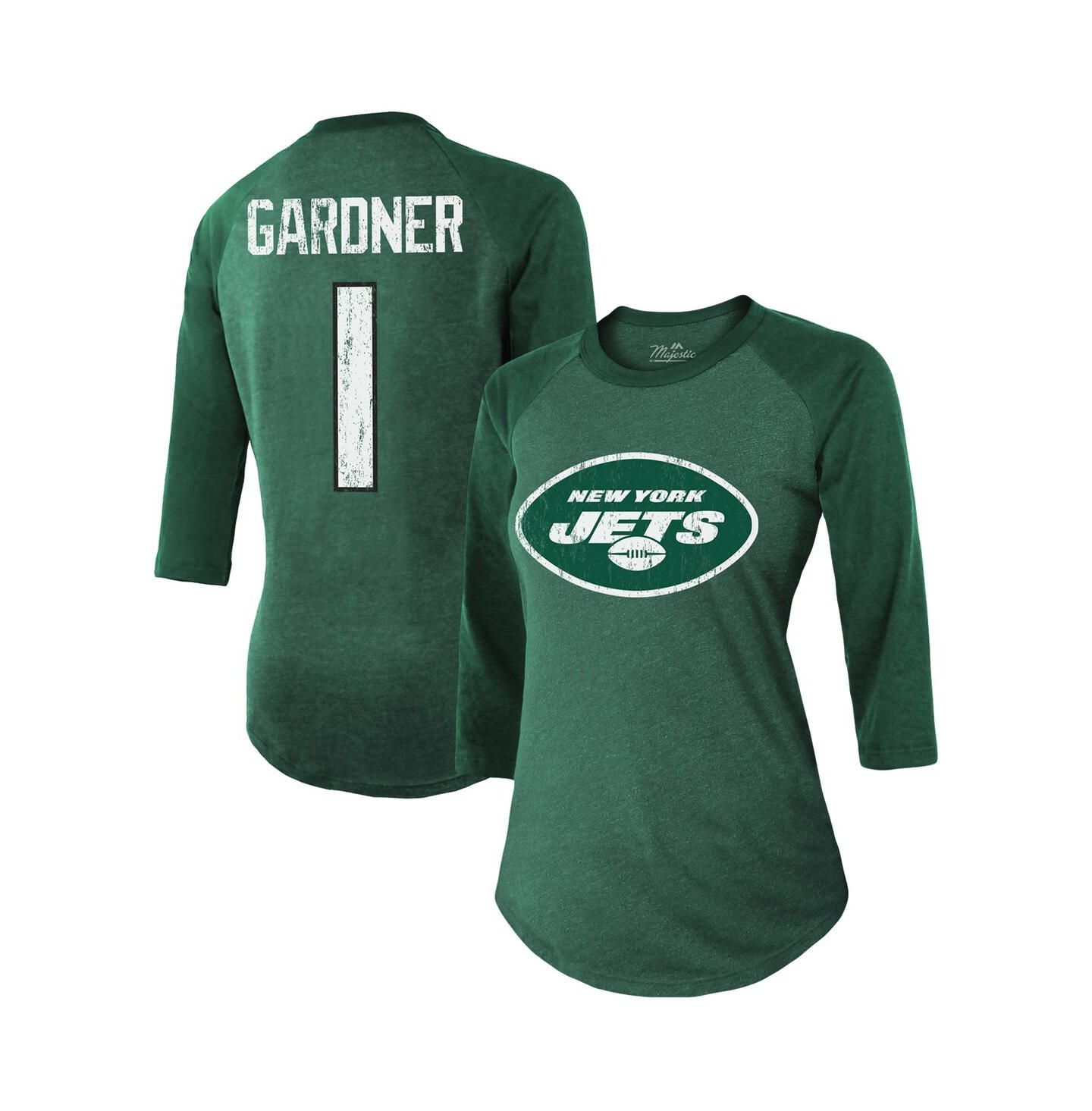 Женская футболка Majestic Threads Ahmad Sauce Gardner Green New York Jets Player Name and Number Tri-Blend Raglan 3/4-Sleeve — фото 1