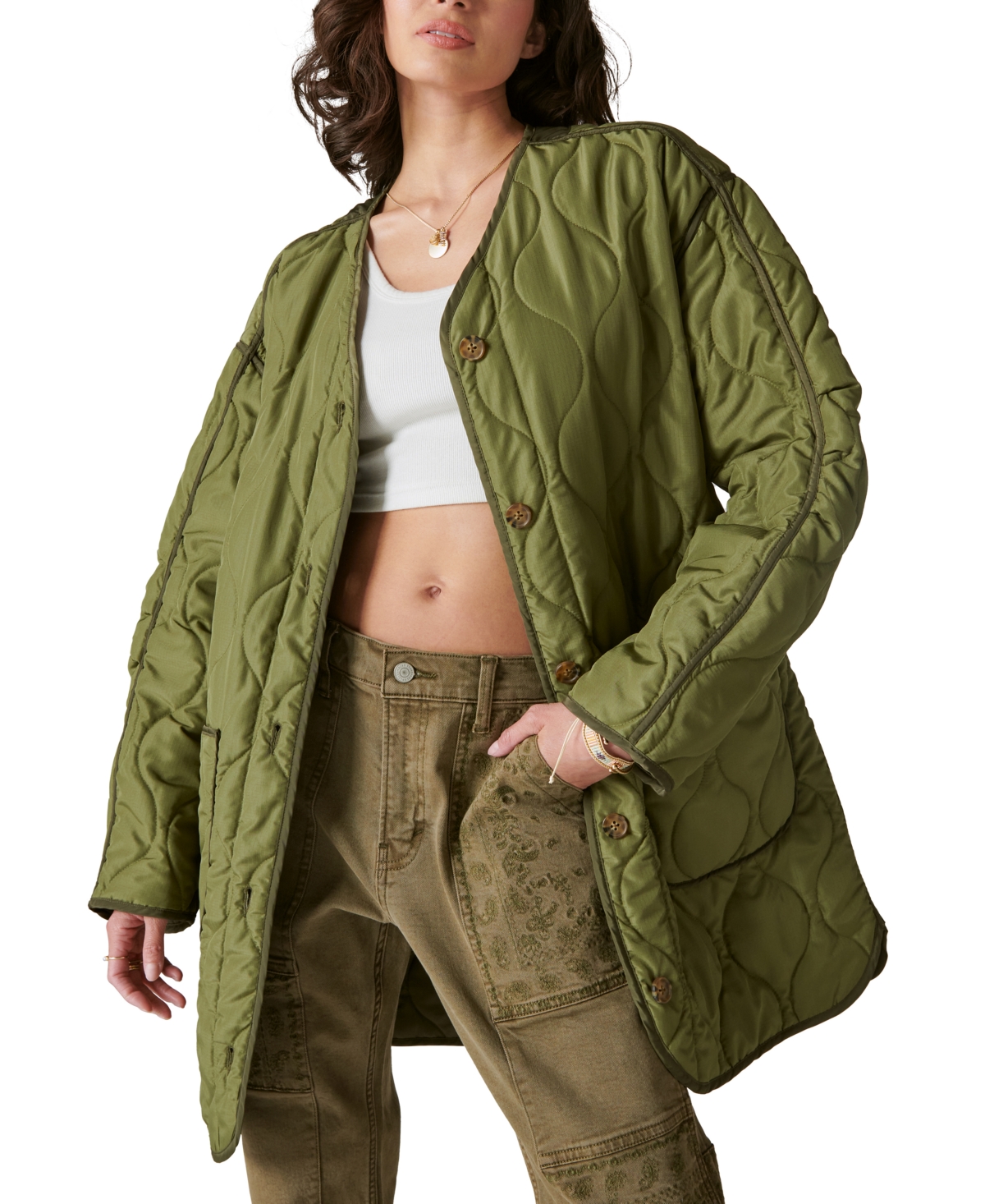Shop Lucky Brand Women's Longline Quilted Liner Jacket In Olive