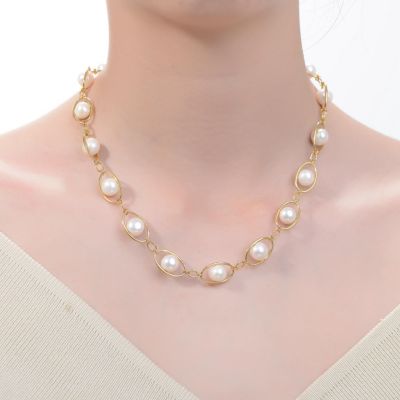 Sterling Silver 14K Gold Plated Genuine Freshwater Pearl and Cubic Zirconia Link Adjustable Necklace