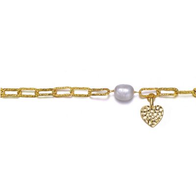 Sterling Silver 14K Gold Plated Genuine Freshwater Pearl and Cubic Zirconia Lobster Claw Link Bracelet