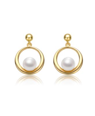 Sterling Silver 14k Yellow Gold Plated with White Freshwater Pearl Eternity Circle Halo Dangle Earrings