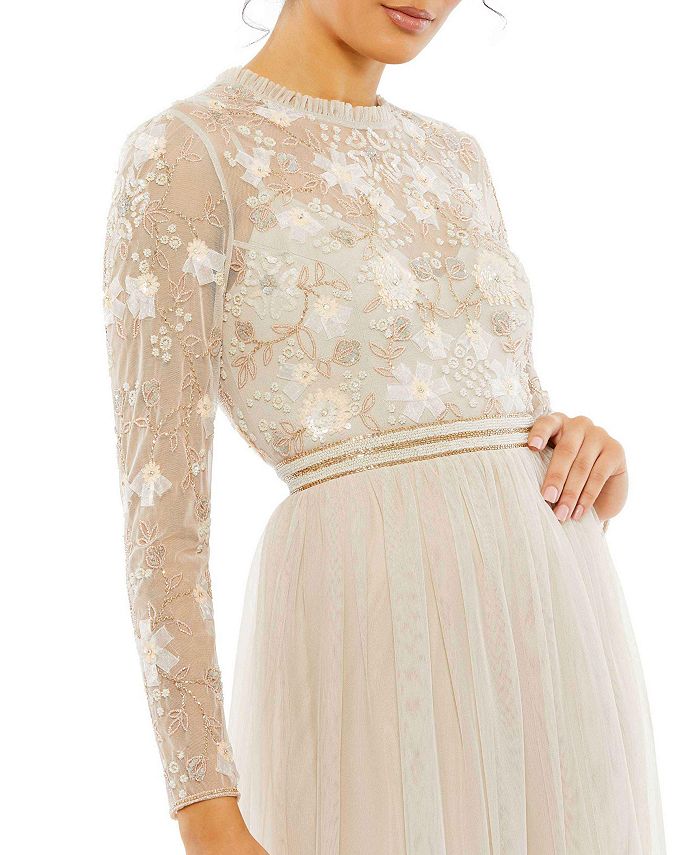 Mac Duggal Women's Embellished Illusion High Neck Long Sleeve Gown - Macy's
