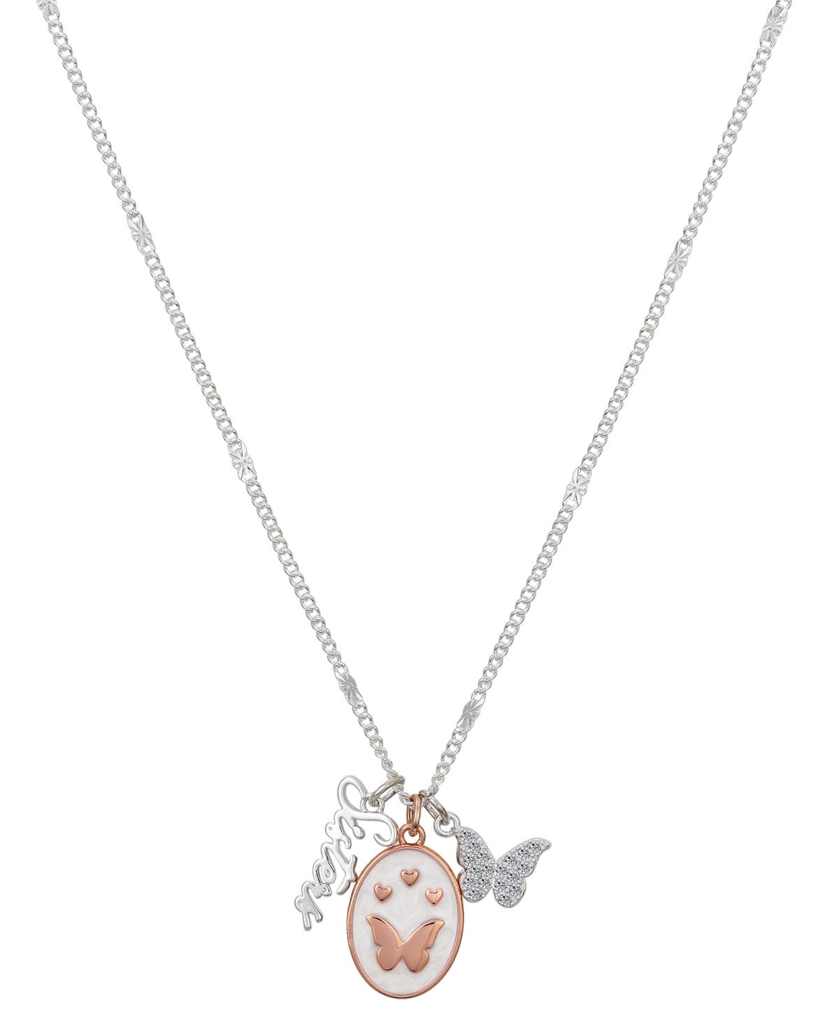 Unwritten 14k Rose Gold Plated Heart And Butterfly, Cubic Zirconia Butterfly And Silver Plated Sister Pendant