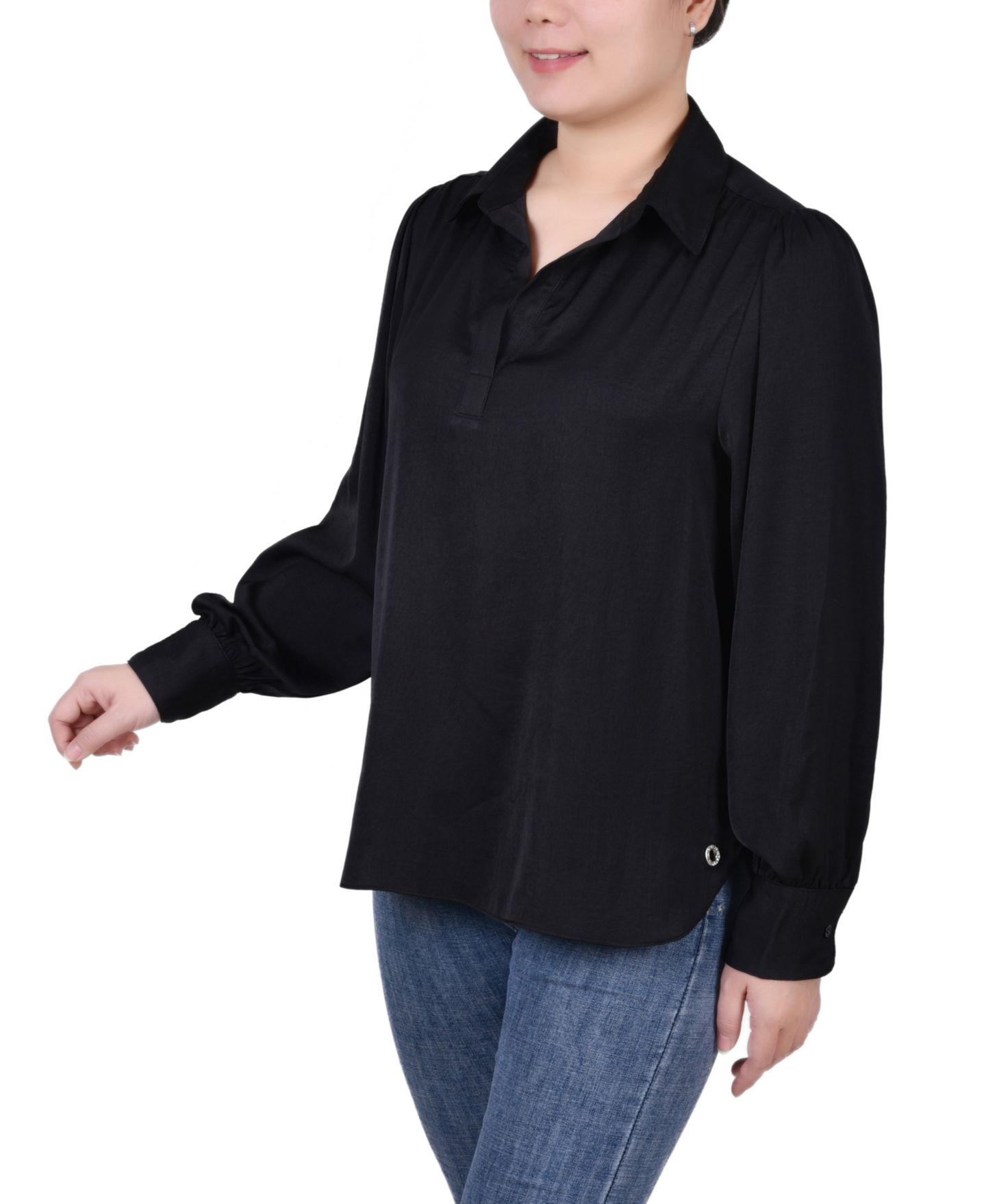 Женская блузка NY Collection Long Puff Sleeve Satin, цвет: Чёрный — фото 3