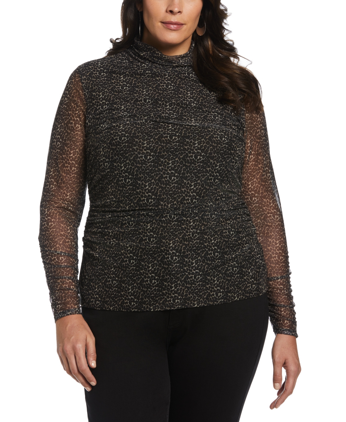 Plus Size Printed Ruched Mesh Mock Neck Long Sleeve Top - Black
