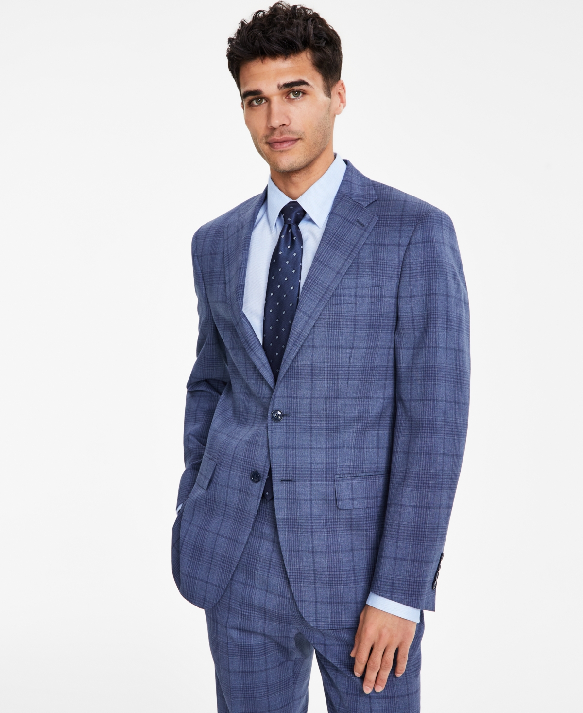 Men's Slim-Fit Wool Blend Stretch Plaid Suit Separate Jacket - Blue Plaid