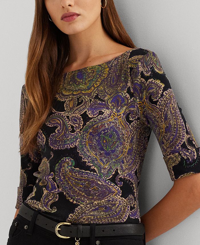 Ralph Lauren Women's Paisley Stretch Cotton Boatneck Tee Brown Size X-Large