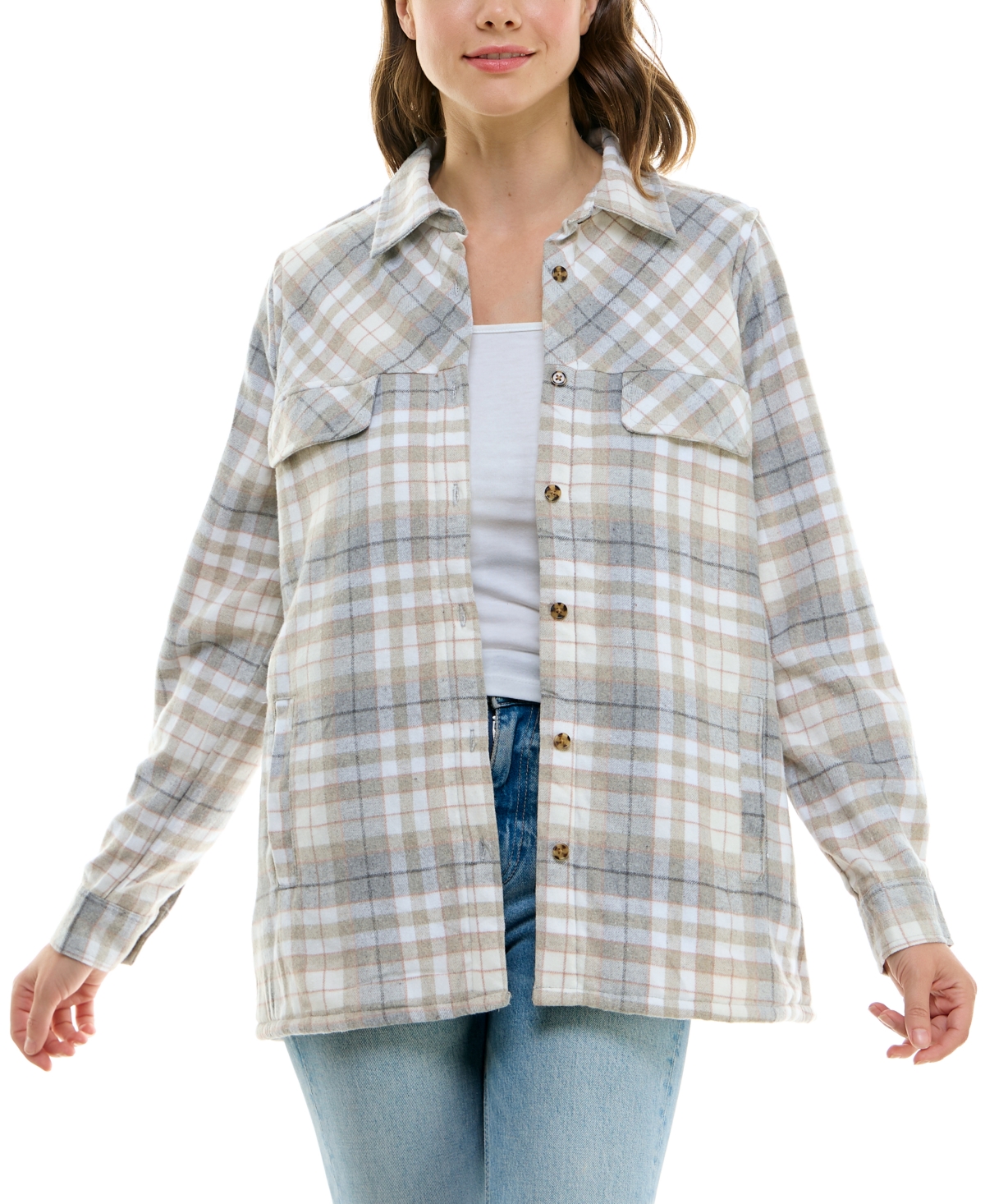 No Comment Juniors' Plaid Long-sleeve Sherpa-lined Shacket In Grey Plaid