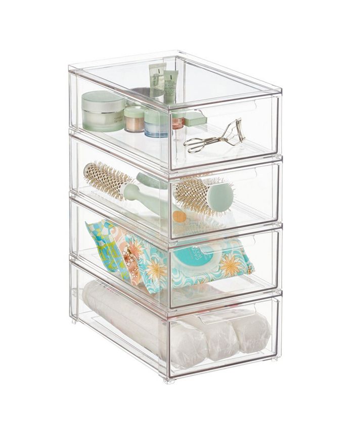 mDesign Plastic Stackable Bathroom Storage Organizer with Drawer, 2 Pack,  Clear