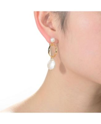 Elegant Sterling Silver 14K Gold Plating and Genuine Freshwater Pearl Hoop Earrings