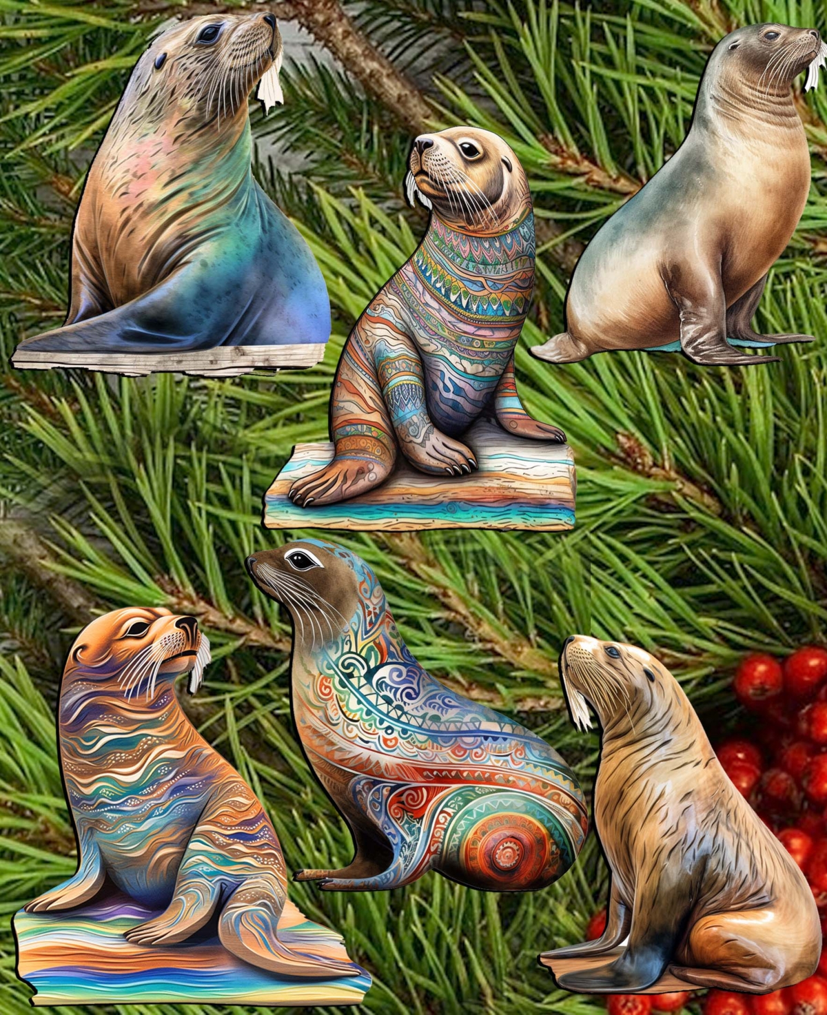 Designocracy Holiday Wooden Clip-on Ornaments Coastal Sea Lions Set Of 6 G. Debrekht In Multi Color