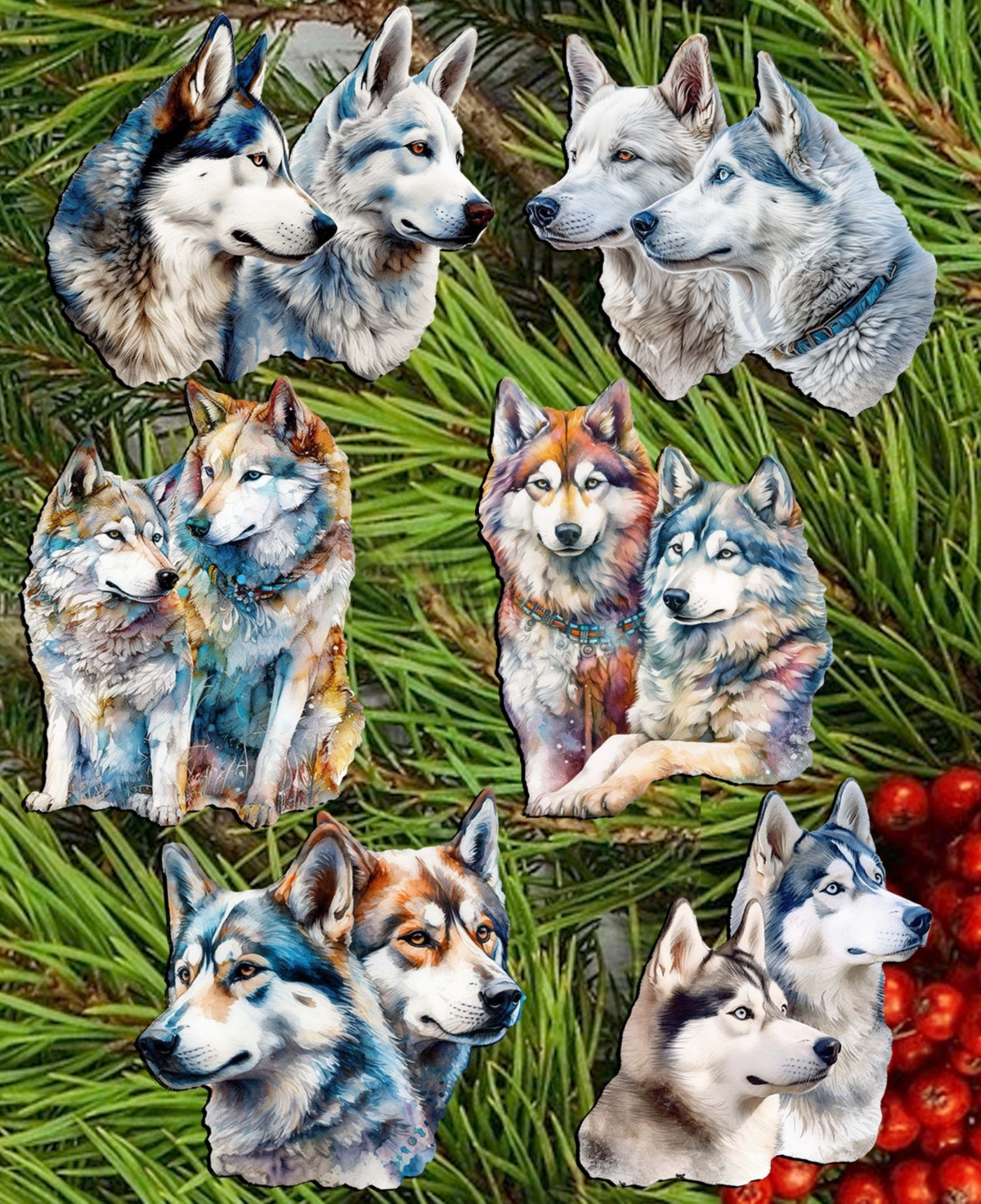 Designocracy Holiday Wooden Clip-on Ornaments The Graceful Huskies Set Of 6 G. Debrekht In Multi Color