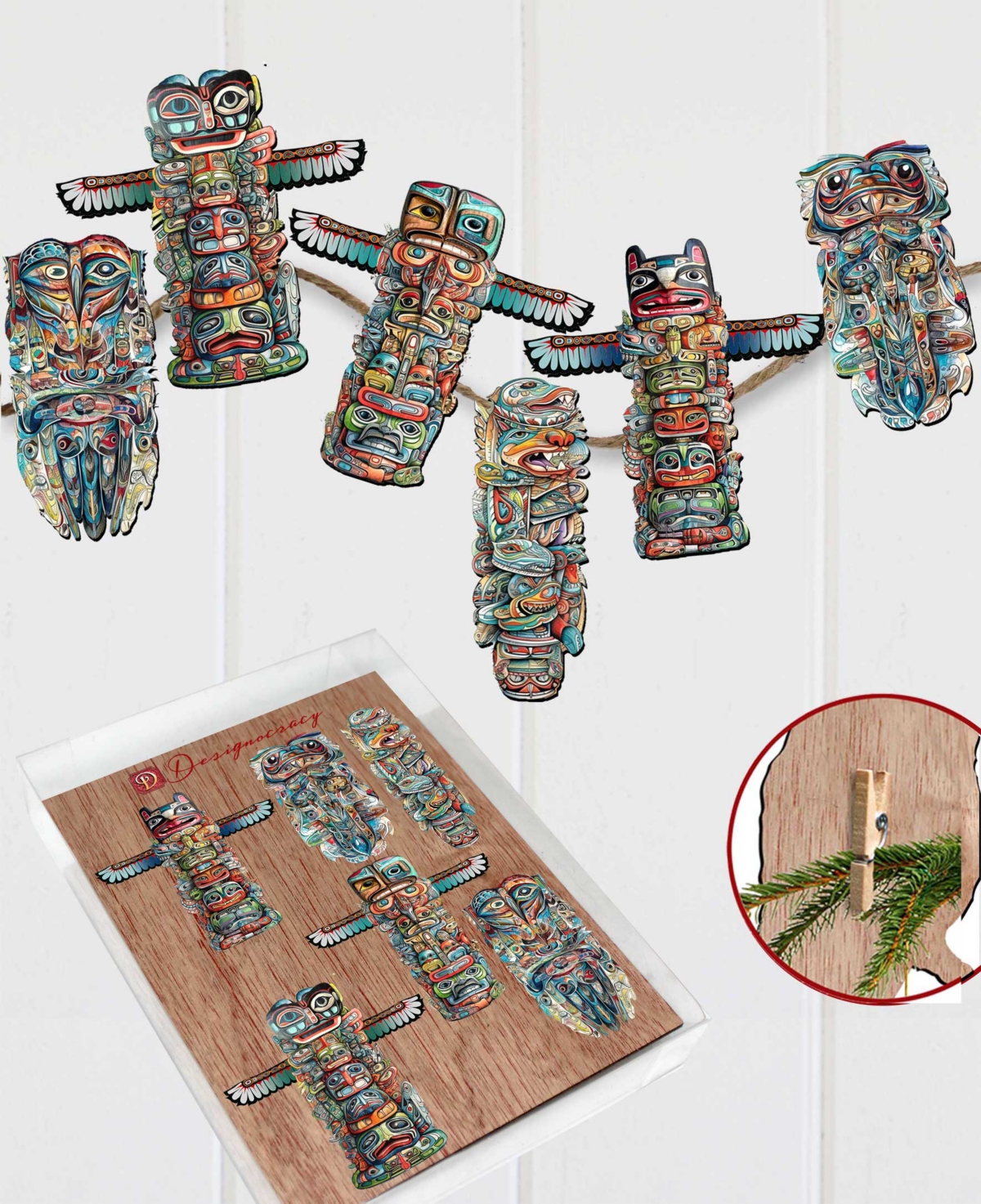 Designocracy Holiday Wooden Clip-on Ornaments Spirit Of The Totem Set Of 6 G. Debrekht In Multi Color