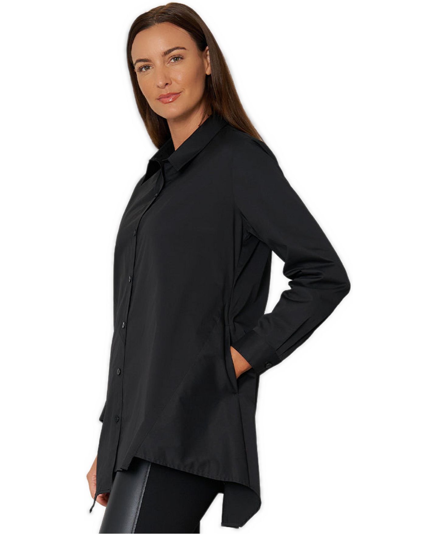 Женская рубашка Stella Carakasi Asymmetrical Cotton Poplin Button-Front Shirt Top Crossroads Tunic, цвет: Чёрный — фото 3
