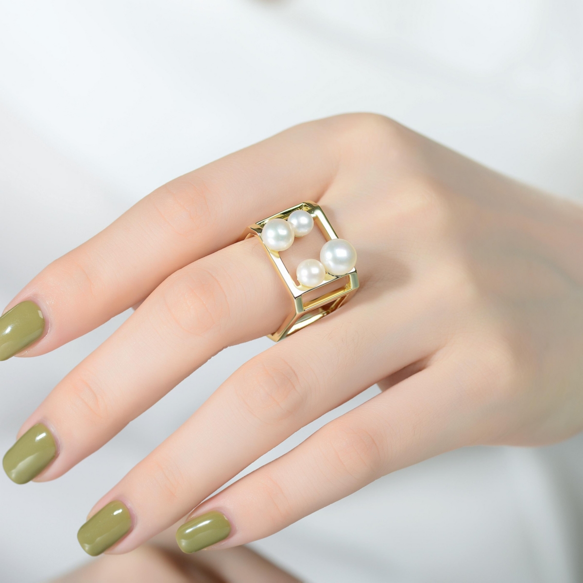 Genevive Sterling Silver 14KPlated 5-7MM Fresh Water Pearls Geometric Ring - Gold