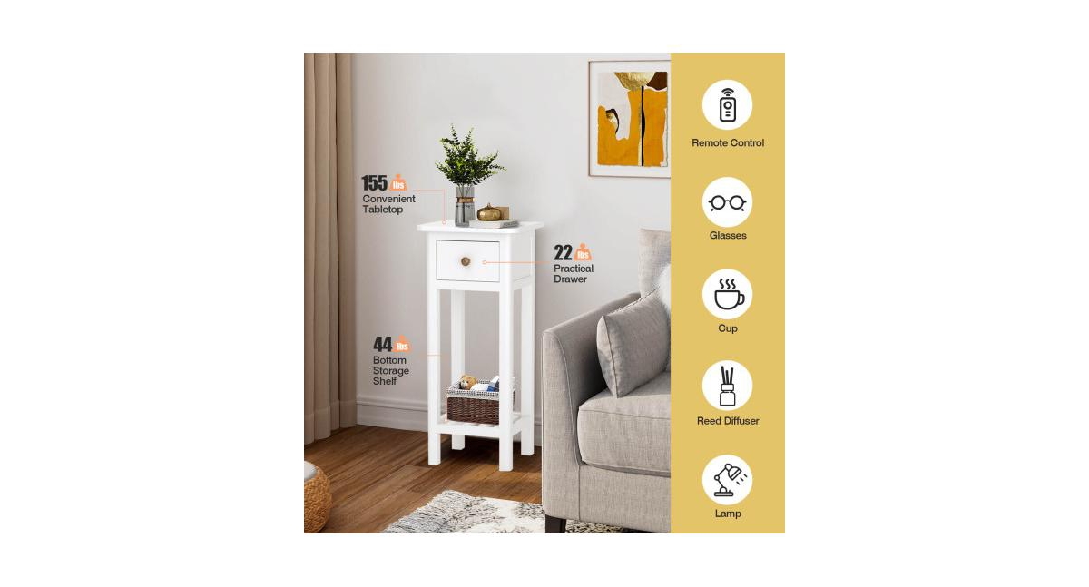 2 Tier Slim Nightstand Bedside Table with Drawer Shelf