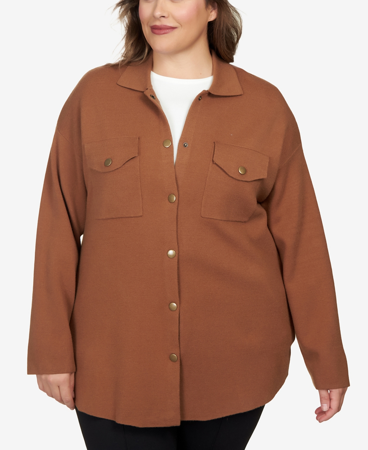 Ruby Rd. Plus Size Solid Shacket Sweater In Chestnut