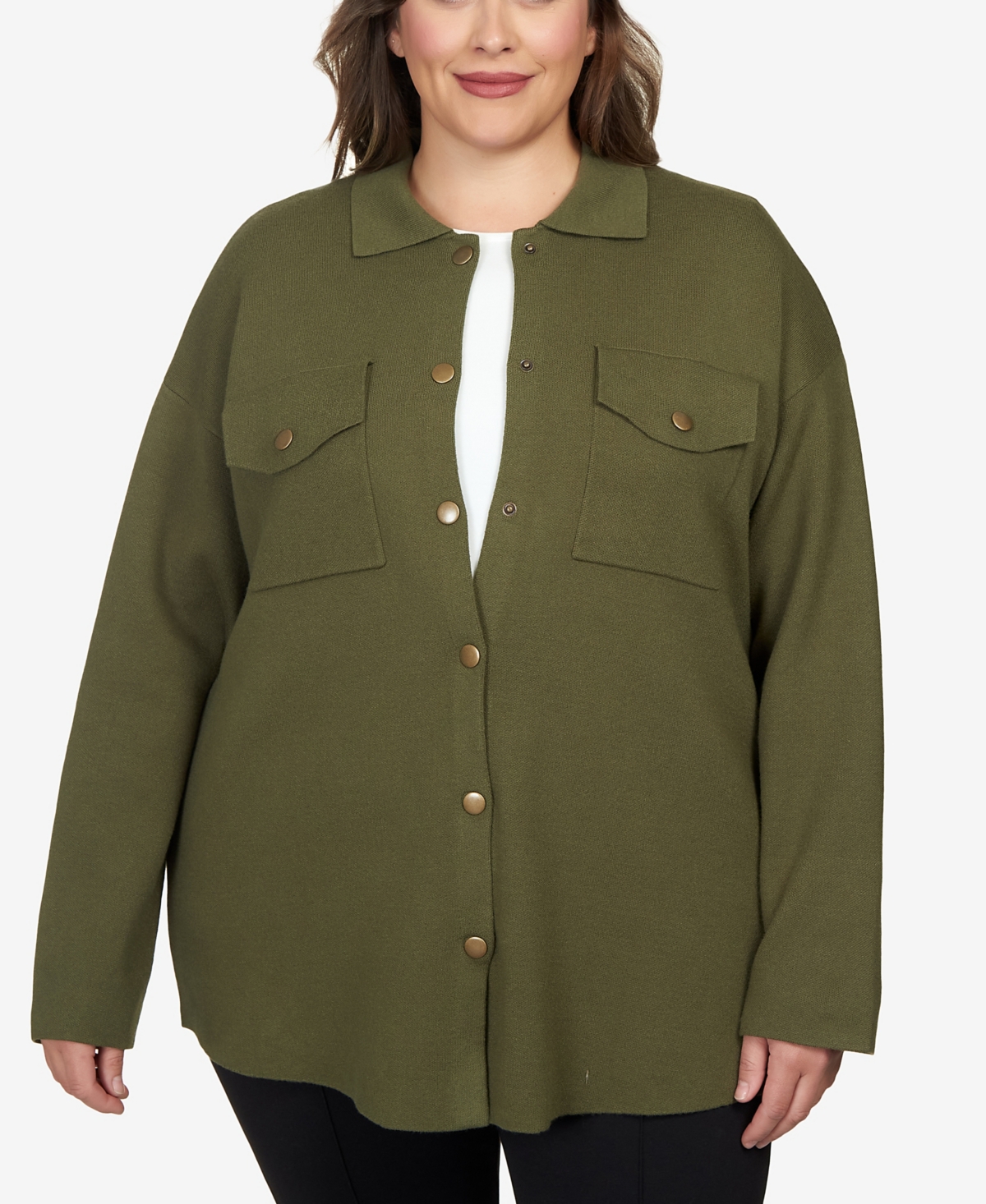 Shop Ruby Rd. Plus Size Solid Shacket Sweater In Dark Olive