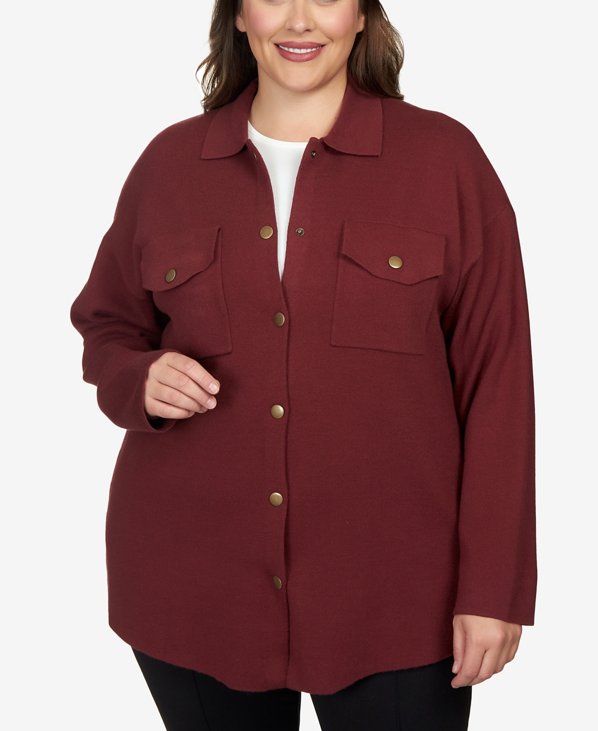 Plus Size Solid Shacket Sweater - Maroon