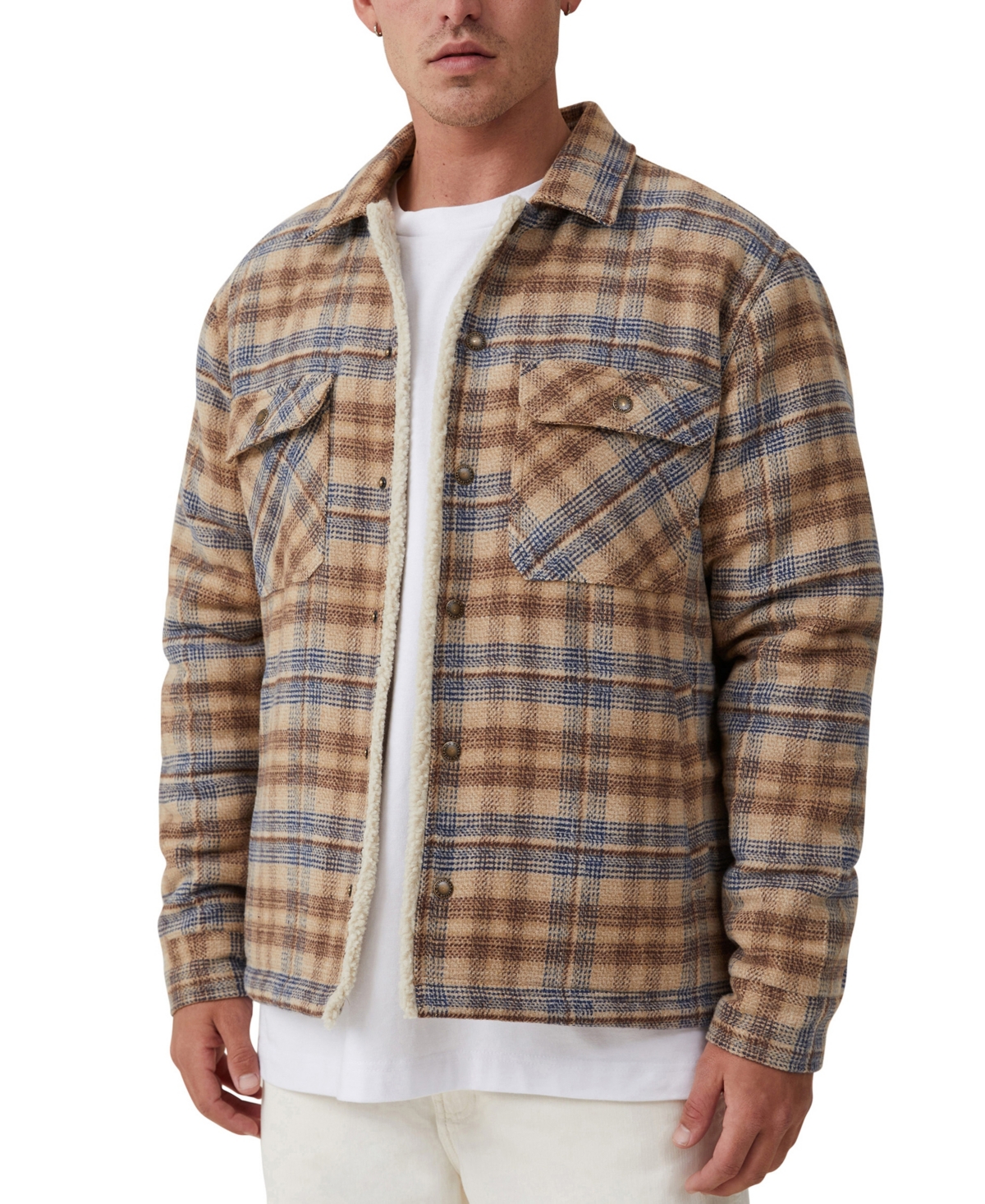 Cotton On Men's Teddy Lined Long Sleeve Shacket In Natural Check