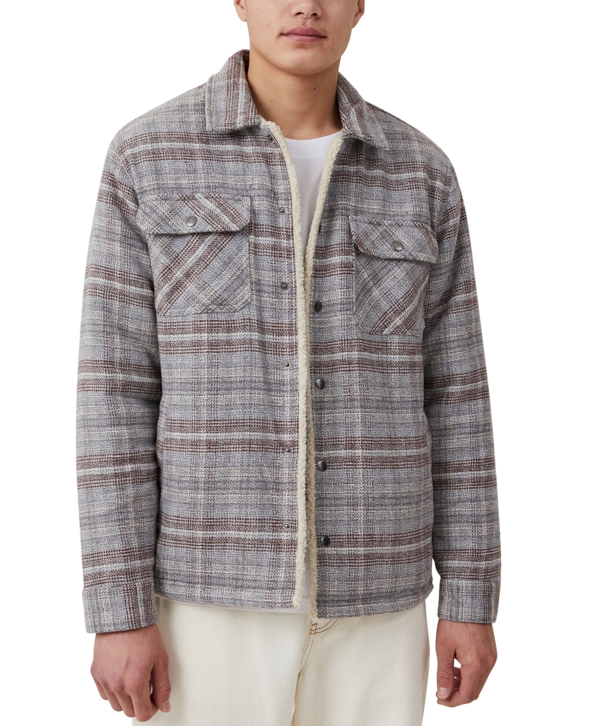 Cotton On Men's Teddy Lined Long Sleeve Shacket In Gray Check