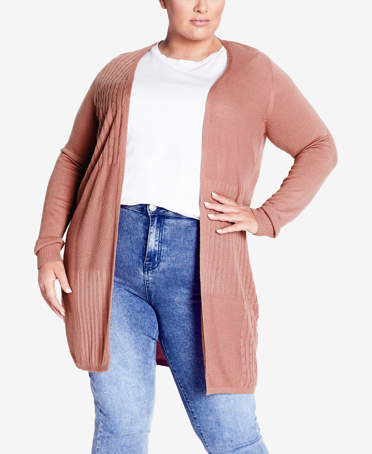 Avenue Plus Size Meadow Mews Cable Knit Cardigan Sweater In Pink