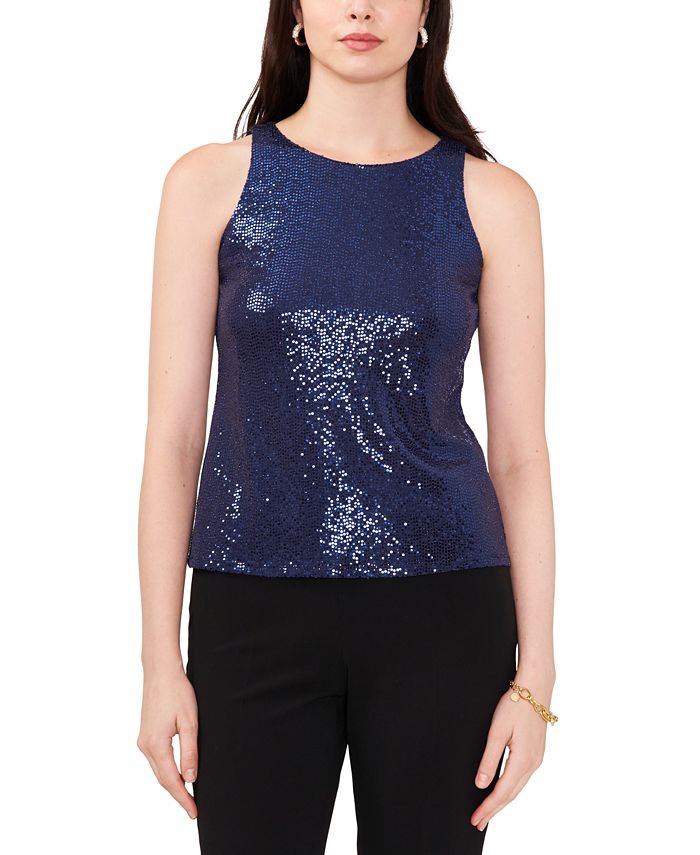 MSK Petite Sequin Sleeveless RoundNeck Keyhole Top Macy's