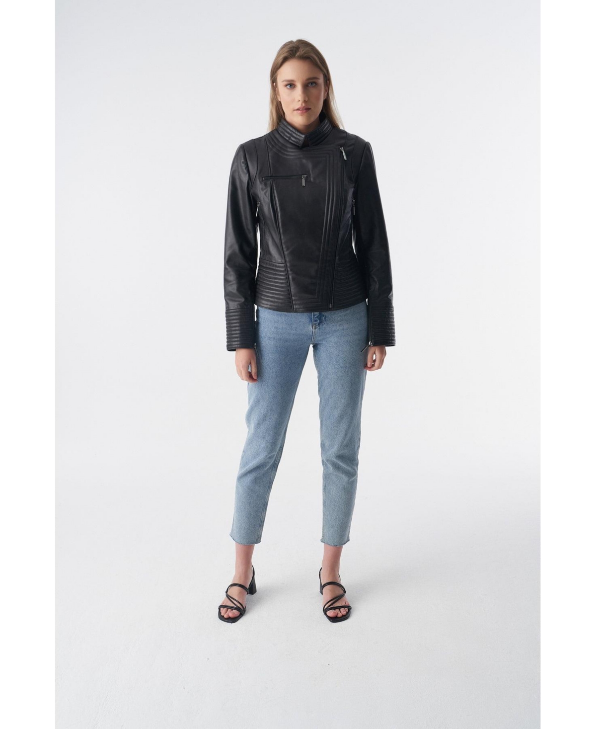 Furniq Uk Women's Genuine Leather Riser Biker Jacket,- Black