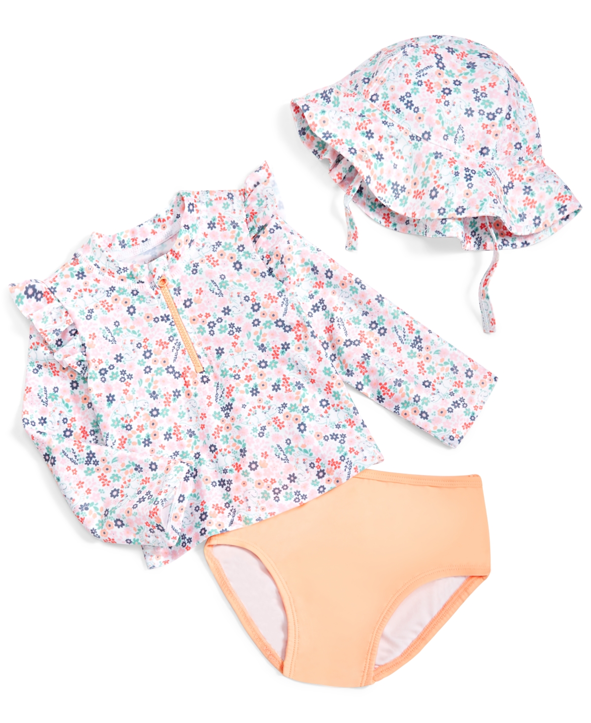 First Impressions Baby Girls Dinosaur Floral Swim Shirt, Bottoms And Hat, 3 Piece Set, Created For Macy's In Bright White