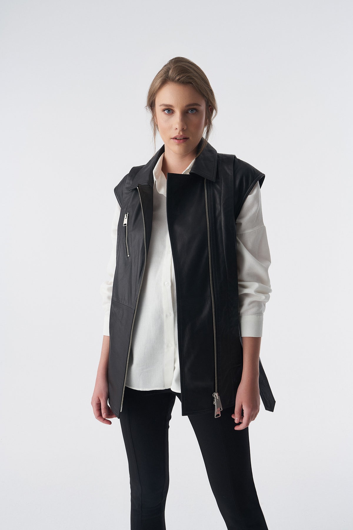 Furniq Uk Women's Genuine Leather Belted Waistcoat,- Black