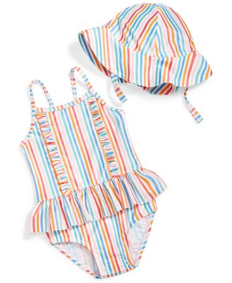 2-piece Baby Girl/Boy Christmas Deer Pattern Striped One-piece Swimsuit and Cap Set