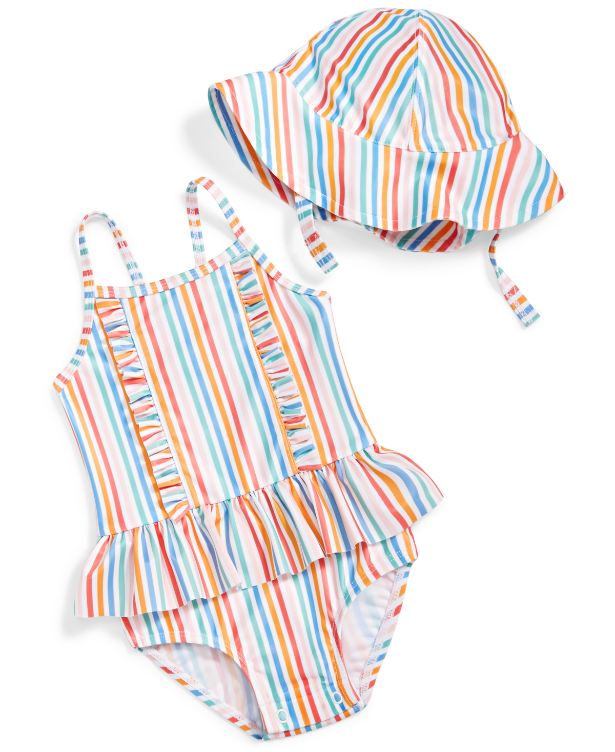 First Impressions Baby Girls Striped One Piece Swimsuit And Hat, 2 Piece Set, Upf 50, Created For Macy's In Bright White