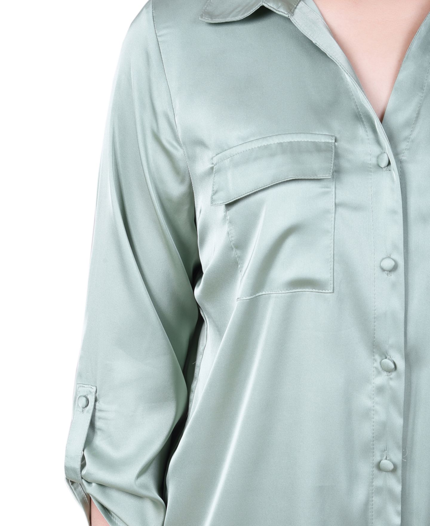 Женская блузка NY Collection Petite 3/4 Sleeve Roll Tab Satin, цвет: Зелёный — фото 4