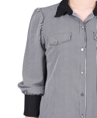 Petite Long Sleeve Striped Button Front Blouse