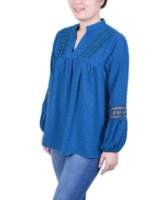 Petite Long Sleeve Blouse with Crochet Trim