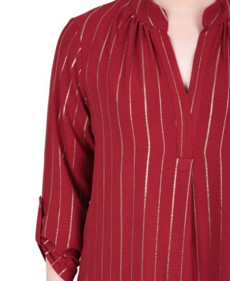 Petite Long Sleeve Foil Striped Blouse