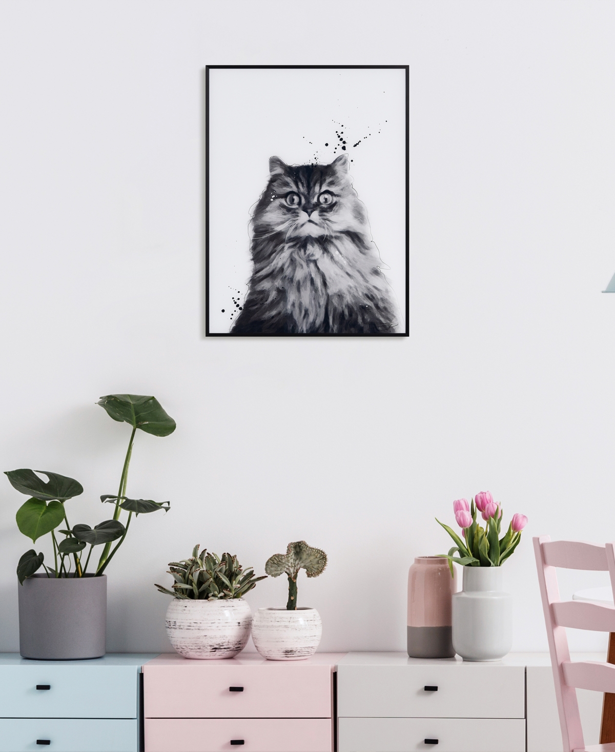 Shop Empire Art Direct "nebelung" Pet Paintings On Printed Glass Encased With A Black Anodized Frame, 24" X 18" X 1" In Black And White