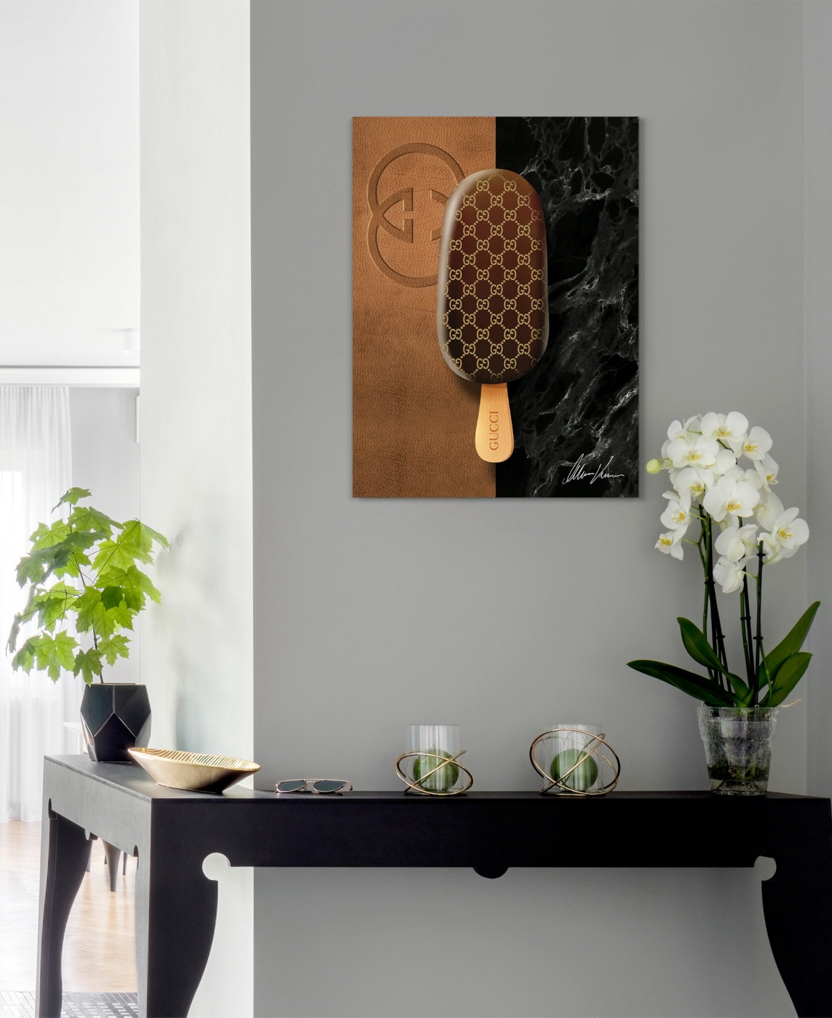 Shop Empire Art Direct "gucci Glamour" Frameless Free Floating Tempered Glass Panel Graphic Wall Art, 18" X 24" X 0.2" In Brown,black