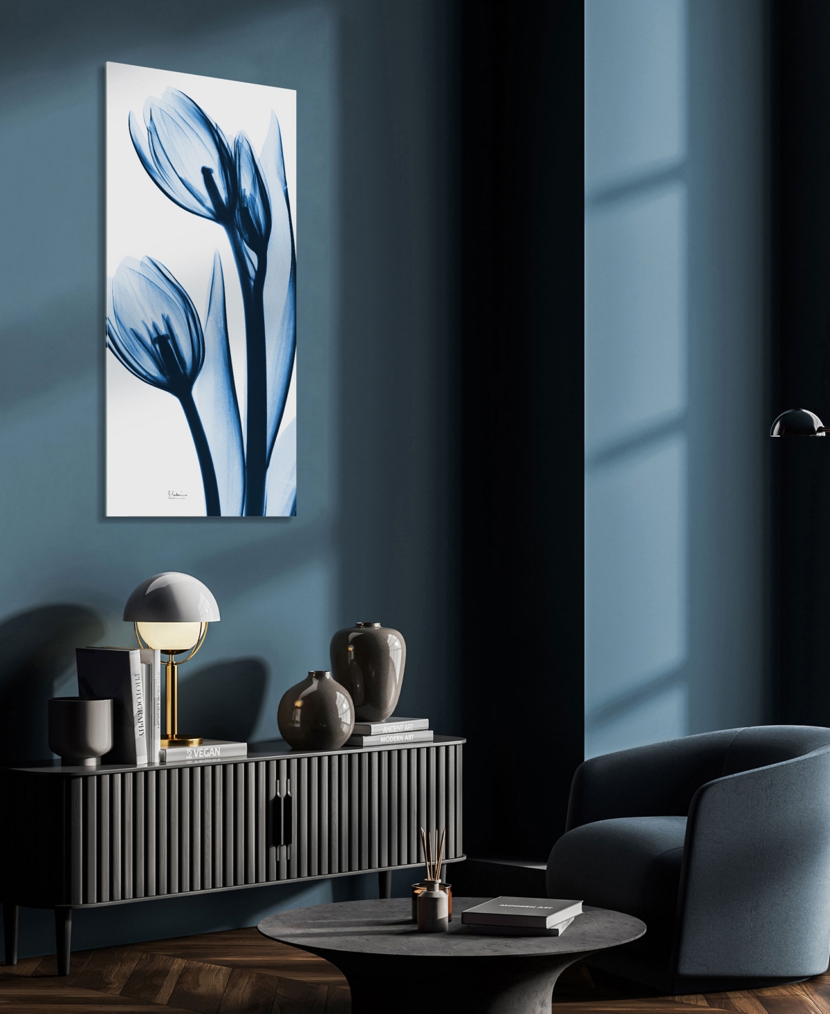 EMPIRE ART DIRECT "TWO BLUE TULIPS" FRAMELESS FREE FLOATING TEMPERED GLASS PANEL GRAPHIC WALL ART, 48" X 24" X 0.2" 