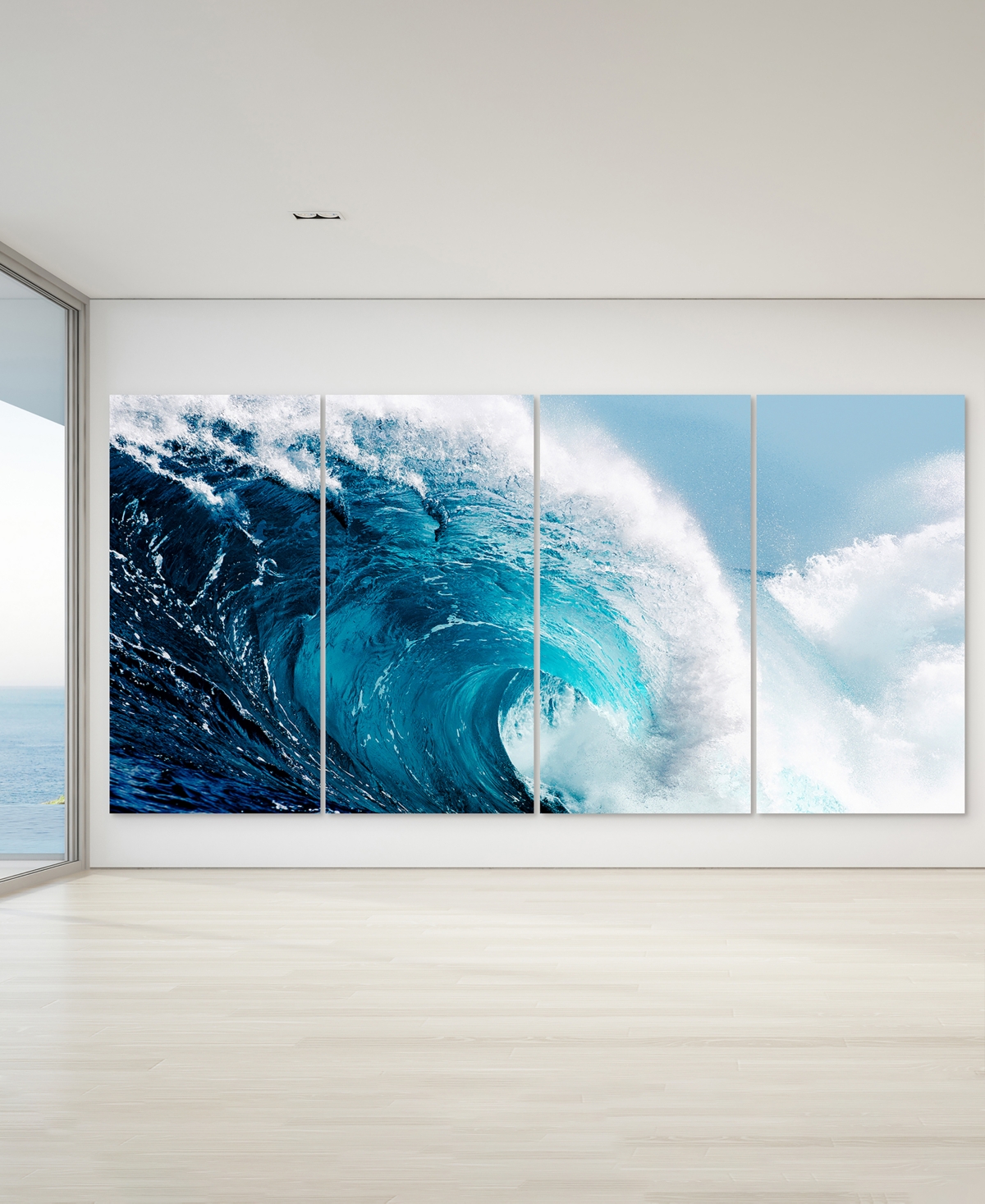 EMPIRE ART DIRECT BLUE WAVE ABCD FRAMELESS FREE FLOATING TEMPERED GLASS PANEL GRAPHIC WALL ART, 72" X 36" X 0.2" EACH 