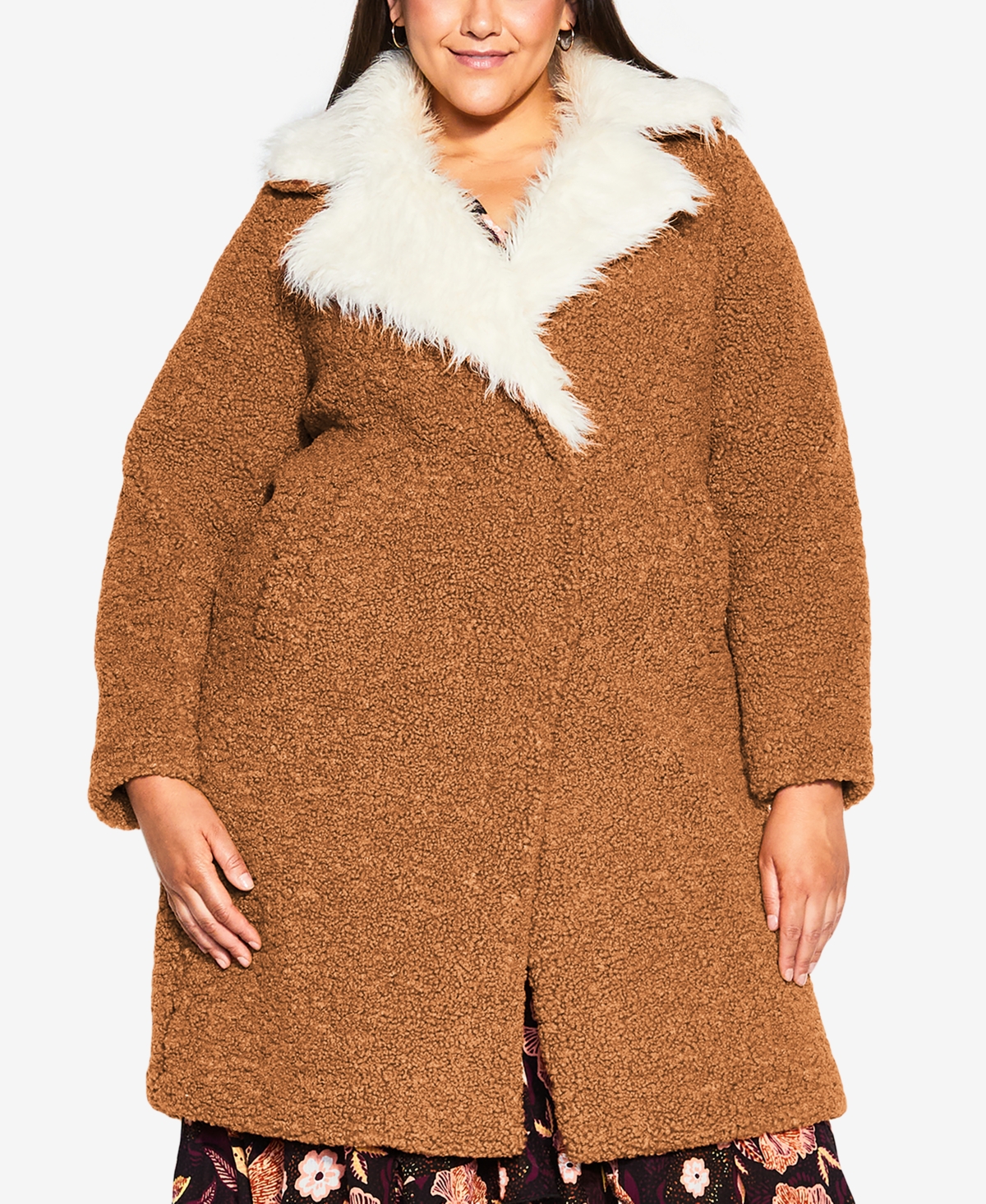 Avenue Plus Size Teddy Faux Fur Jacket In Brown