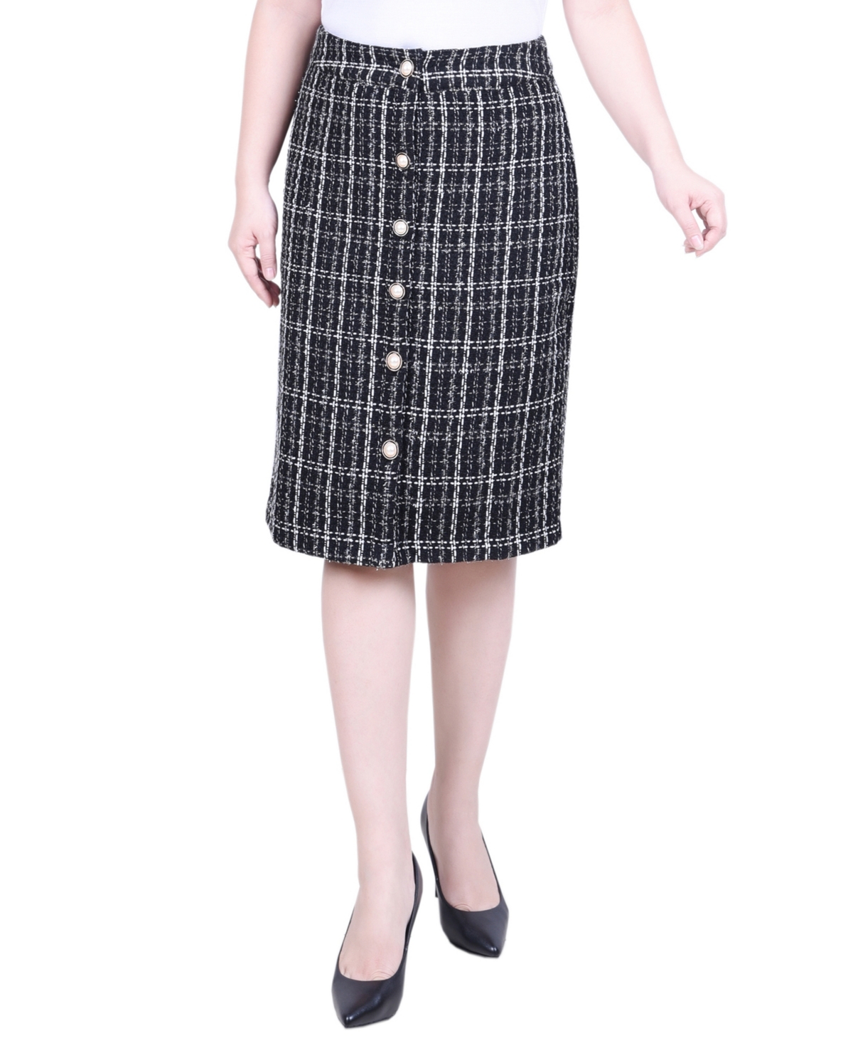 Ny Collection Petite Slim Tweed Double Knit Knee Length Skirt In Black Ivory Plaid