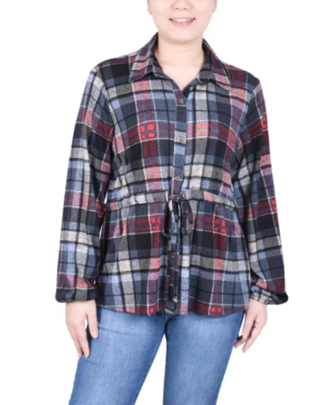 Petite Long Dolman Sleeve Drawstring-Waist Tunic Top - Red Denim Plaid