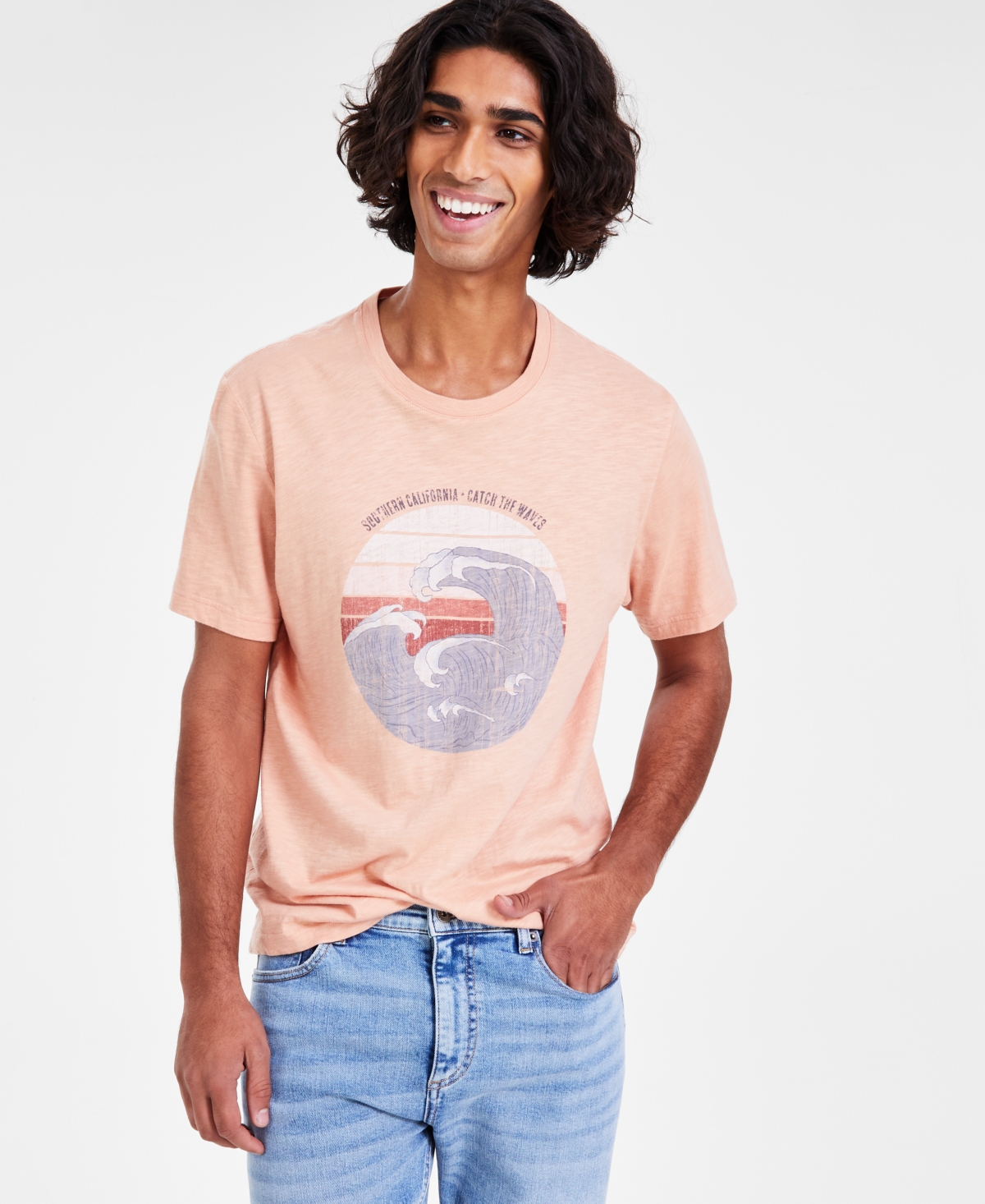 Sun + Stone Men's Catch The Waves Graphic T-shirt, Created For Macy's In Spiced Peach