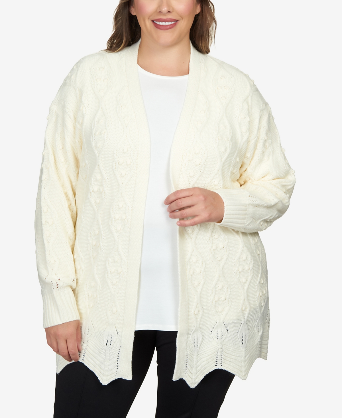 Plus Size Solid Textured Zigzag Hem Open Cardigan Sweater - Ivory